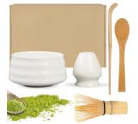 Dhqkqg Lot de 5 Matcha Kit, Fouets à Matcha, Fouet Matcha Bambou, Kit Matcha, Ensemble de Fouet à Matcha ave CcuillèRe en Bambou, Agitateur, Bol Matcha, Support de Fouet (Blanc)