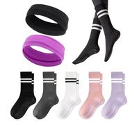 DHSBGWSX 5 paires de chaussettes de yoga, 2 bandeaux de yoga, chaussettes de course pour femme, chaussettes de fitness antidérapantes, chaussettes mi-mollet, chaussettes de sport rayées, multicolore,