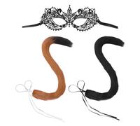 DHSBGWSX Lot de 2 queues d'habillage et 1 masque pour les yeux en dentelle, accessoires de costume de renard, accessoires de costume d'animaux, queue en fausse fourrure, queues à fourrure, ensemble de