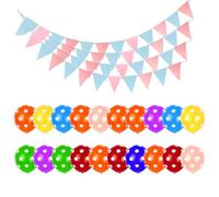 DHSBGWSX Lot de 4 drapeaux triangulaires en papier rose et bleu, 20 ballons à pois colorés, décorations de fête pour anniversaires et vacances