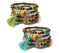 DHSBGWSX Lot de 8 bracelets de perles en bois - Style ethnique bohème - Avec pendentif à pompon - Cadeau de bijoux - Bracelet élastique en perles de bois, taille unique