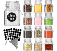 DHSBTLS Lot de 12 mini pots à épices carrés de 113,4 g avec couvercle hermétique à charnière, récipient de rangement anti-fuite pour épices, miel, bouteilles alimentaires avec entonnoir en silicone,