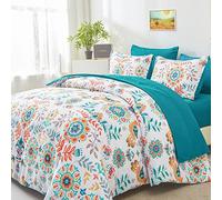 DHSFKBE Parure de lit complète 7 pièces Bed in a Bag - Motif médaillons Floraux en Microfibre Douce pour Toutes Les Saisons - Très Grand lit (Bleu Sarcelle)