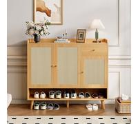 DHWDS Armoire à chaussures en rotin avec 3 portes et tiroir - Grand espace de rangement - Commode avec pieds en bois massif pour couloir, chambre et salon - 120 x 35 x 106 cm