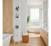 DHWDS Armoire de salle de bain autoportante de 160 cm de haut et étroite avec 2 tiroirs, 3 étagères et meuble bas - Peu encombrant - Blanc - Aspect bois