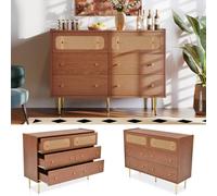DHWDS Commode 6 Tiroirs Vintage en Noyer, Meuble de Rangement pour Chambre et Salon, Sécurité Enfants avec Angles Arrondis