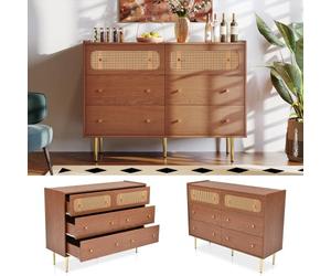 DHWDS Commode 6 Tiroirs Vintage en Noyer, Meuble de Rangement pour Chambre et Salon, Sécurité Enfants avec Angles Arrondis
