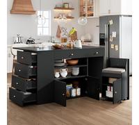 DHWDS Îlot de cuisine avec plan de travail et tabourets - 140 cm - Noir - Mobile avec roulettes, 6 tiroirs et espace de rangement - Table de bar avec siège pour petites cuisines