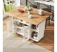 DHWDS Îlot de cuisine avec table à manger pliable et chariot de service amovible - Armoire de buffet multifonction et chariot de cuisine blanc avec aspect bois - Grand espace de rangement - Combinable