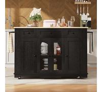 DHWDS Îlot de cuisine avec table à manger pliable et éléments modulaires - Chariot de cuisine mobile avec plan de travail aspect bois et verre de sécurité - Noir - Concept de séparateur de pièce