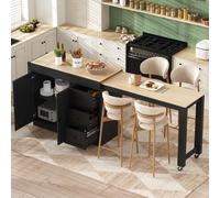 DHWDS Ilot de cuisine mobile blanc avec roulettes, salle à manger extensible latérale, 3 tiroirs, étagère à épices, en MDF, 130 x 45 x 93 cm, longueur variable 112-186,8 cm