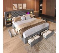 DHWDS Lit capitonné, avec espace de rangement, 180 x 200 cm, kit complet avec cadre de lit, 2 tables de chevet, tiroirs, ports USB et lampe de lecture, tête de lit en velours, cadre en métal, gris au