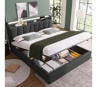 DHWDS Lit coffre avec système hydraulique et tête de lit réglable, lit rembourré, aspect lin, sommier à lattes en bois massif, lit double avec grand espace de rangement, gris, 160 x 200 cm