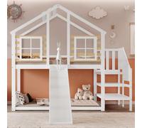 DHWDS Lit superposé en bloc pour 2 enfants, avec toboggan et escalier, 90 x 200 cm, avec toit, fenêtres et protection contre les chutes sur tout le pourtour, en bois naturel, sûr, avec grilles
