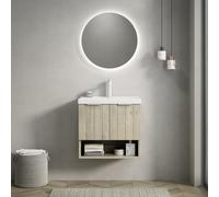DHWDS Meuble de lavabo 55 cm - Montage mural avec lavabo en céramique - Blanc, 2 portes à fermeture douce et étagère ouverte - Compact pour petite salle de bain - Prémonté en chêne crème