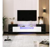 DHWDS Meuble TV bas 200 cm blanc brillant noir moderne avec éclairage LED et espace de rangement, meuble avec façade en verre et passe-câbles électrique pour salon