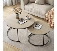 DHWDS Nesting Tables Lot de 2 tables gigognes rondes, coulissantes, placage en chêne, structure en métal, 100 kg, table d'appoint pour chambre à coucher et salon
