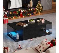 DHWDS Table basse LED moderne avec 2 tiroirs, éclairage RVB et contrôle par application, haute brillance, 100 x 50 cm, noir avec verre trempé, table de salon avec espace de rangement, table d'appoint