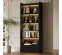 DHWDS Vitrine/Bibliothèque Moderne avec Éclairage LED pour Salon - Meuble de Rangement avec Tiroir, Verre Trempé Sécurité, 6 Étagères (Charge 30kg/étagère), Dimensions 80x34x180 cm