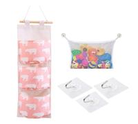 DHWEKU Sac Rangement Suspendu en Tissu de Lin Mignon Sac d'entreposage avec 3 Poches Organisateur pour Ranger Petits Choses Panier Pochette de Rangement pour Chambre, Bureau, Salle de Bain(rose)