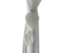 DHYUACN Attache Rideau Boho Embrasses de Rideau Style Boho, Tricot à la Main en Coton et Lin, embrasses réglables Perles Bois, Double Feuilles, Attache(White)