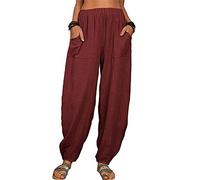 Dhyuen Pantalon en Coton Et Lin pour Femme Été Léger Boho Harem Pantalons Fluide Taille Elastique Hippie Pantalon Sarouel Poche Ample Soft Décontracté Lin Pants Respirant Décontracté Vetement