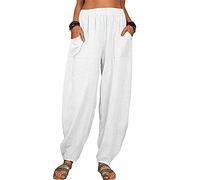 Dhyuen Pantalon en Coton Et Lin pour Femme Été Léger Boho Harem Pantalons Fluide Taille Elastique Hippie Pantalon Sarouel Poche Ample Soft Décontracté Lin Pants Respirant Décontracté Vetement