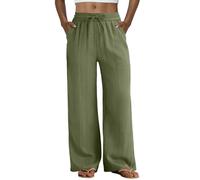 Dhyuen Pantalon Fluide Femme Été Coton et Lin Pantalons Taille Haute Elastique Léger Ample Pantalon Lin Couleur Unie Décontracté Longueur Droit Pants à Jambe Large avec Poches