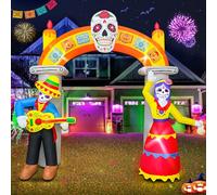 Dia De Los Muertos Arche gonflable Jour des morts Halloween de 2,7 m avec tête de mort squelette LED décoration pour pelouse, cour, jardin