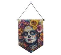 Dia De Los Muertos Bannière mexicaine en sucre à suspendre avec tige télescopique en tissu à suspendre pour porte, mur, fenêtre, jardin, cour