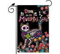 Dia De Los Muertos Drapeau de Jardin Chat Sucre Crâne Fleurs Colorées Jour des Morts Drapeau de Jardin Mexicain Double Face Sm