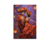 Dia De Los Muertos - Poster de couple de squelettes - Peinture folklorique mexicaine - Décoration murale pour salon - 40 x 60 cm