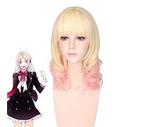 Diabolik Lovers Komori Yui Rose Blonde Ombre Mix Curly Medium Flat Bangs Styled Synthetic Hair Cosplay Full Perruques femmes PL-585