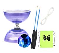 Diabolo avec Roulement à Billes - Kit de Jonglerie Triple Roulement avec Clignotant et Corde de Rechange de 10 m - Barre Professionnelle - Sac de Rangement - Violet