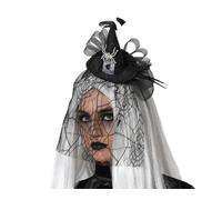 Diadema - Diadème de sorcière noir brillant avec voile de toile d'araignée, idéal pour Halloween et soirées gothiques