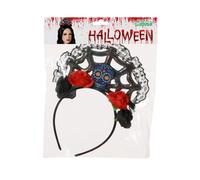 Diadema Diadème Halloween à Motif Toile d'Araignée Noir et Rouge avec Calavera et Fleurs - Accessoire Déguisement Dia de los Muertos, Catrina, Adulte