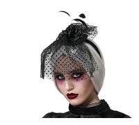 Diadema Halloween Noir avec Roses Noires, Vole à Pois et Plumes - Diadème Décoratif pour Costume Vampiresse, Veuve Noire, Fêtes à Thème et Photos