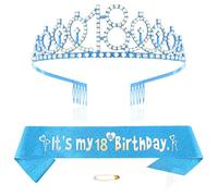 Diadème bleu pour 18e anniversaire pour filles - Couronne de princesse en cristal - Bandeaux d'anniversaire - Décorations d'anniversaire - Kit diadème d'anniversaire pour fille - Accessoires de fête,