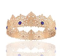 Diadème doré pour homme - Couronne impériale médiévale en cristal - Costume de concours de beauté pour mariage, Halloween, costume d'anniversaire, festival de musique (bleu)