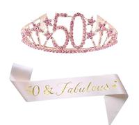 Diadème et écharpe pour 50e anniversaire avec strass en cristal - Couronne de princesse pour fête d'anniversaire - Fournitures de fête - Couronne rose