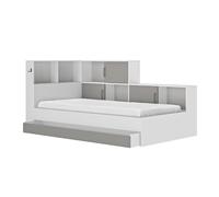 Diagone CALICOSY Lit avec Rangements 90x200 cm - Erwan - Panneaux de Particules - Blanc et Gris - Moderne - Fabrication Française - pour Chambre - L221 x P120 x H104 cm