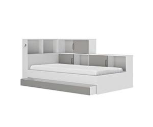 Diagone CALICOSY Lit avec Rangements 90x200 cm - Erwan - Panneaux de Particules - Blanc et Gris - Moderne - Fabrication Française - pour Chambre - L221 x P120 x H104 cm