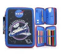 Diakakis Trousse à crayons à double étage remplie de papeterie pour enfants, Double fermeture éclair Nasa Bleu foncé, Moderne