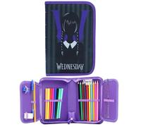 Diakakis Trousse à crayons à double étage remplie de papeterie pour enfants, Fermeture Éclair Mercredi Violet/Noir, Moderne