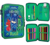 Diakakis Trousse à crayons à double étage remplie de papeterie pour enfants, Pyjamasques Vert - Double fermeture éclair, Moderne