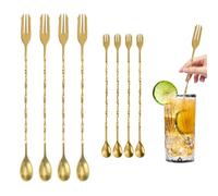 Diakey Lot de 8 cuillères à cocktail pour mélanger les boissons, 26 cm à 32 cm, en acier inoxydable, long manche, cuillère à mélanger en spirale avec pointe trident (doré)