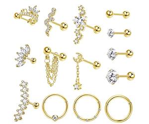 Diamday 14PCS Boucles d'Oreilles Piercing Ohr Acier Inoxydable pour Femmes 16G Cartilage Screw Back Boucles d'oreilles Ohrknorpel Hypollergenic Mond Septum Hoop Lèvre Tragus Helix Piercing Jewelry