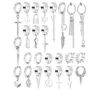Diamday 25Pcs Clip On Boucles D'oreilles pour Hommes Acier Inoxydable Croix Chaîne Pendantes Boucles d'Oreilles Noir Huggie Hoop Non Percées Punk Gothique Kpop Faux Boucles d'Oreilles Argent