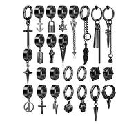 Diamday 25Pcs Clip On Boucles D'oreilles pour Hommes Acier Inoxydable Croix Chaîne Pendantes Boucles d'Oreilles Noir Huggie Hoop Non Percées Punk Gothique Kpop Faux Boucles d'Oreilles Noir