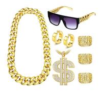 Diamday 80s 90s Kit de Costume Hip Hop Fausse Chaîne d'argent en Or Lunettes de soleil Rapper Punk Boucles d'oreilles en or Bracelets Chian Deguisement Annee 80 Homme